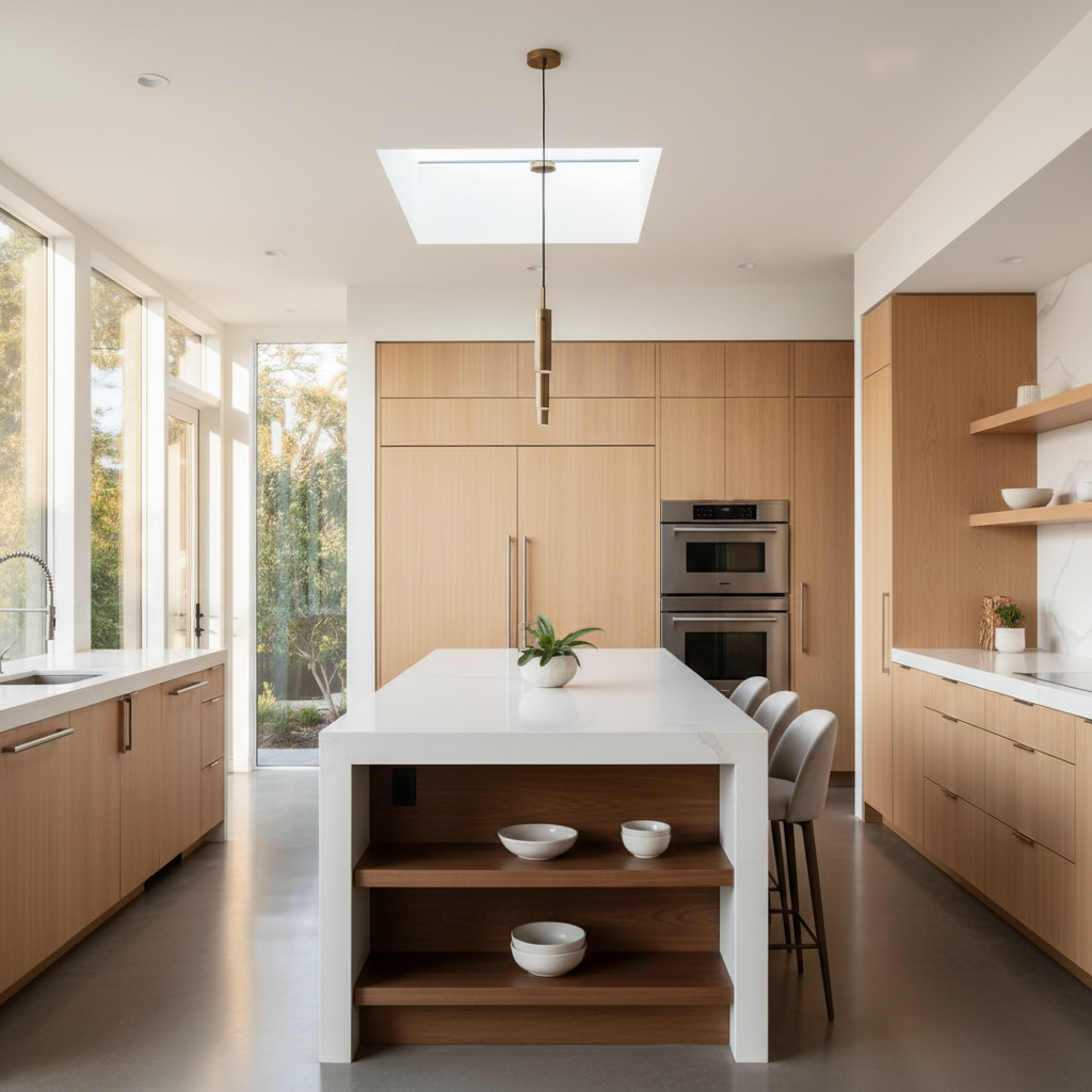 Bright upscale kitchen with integrated refrigerator and wall oven